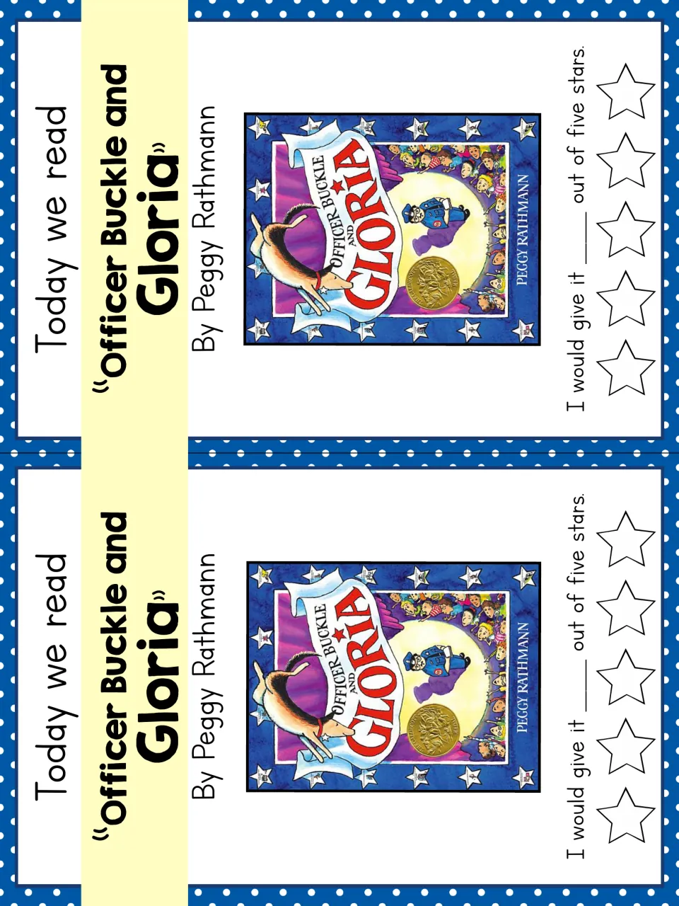 Book review slips, two per page: students note the book by Peggy Rathmann and rate it out of five stars