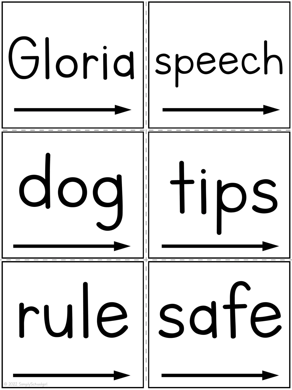 Word cards: Gloria, speech, dog, tips, rule and safe, each with an arrow under it, cut apart for word practice