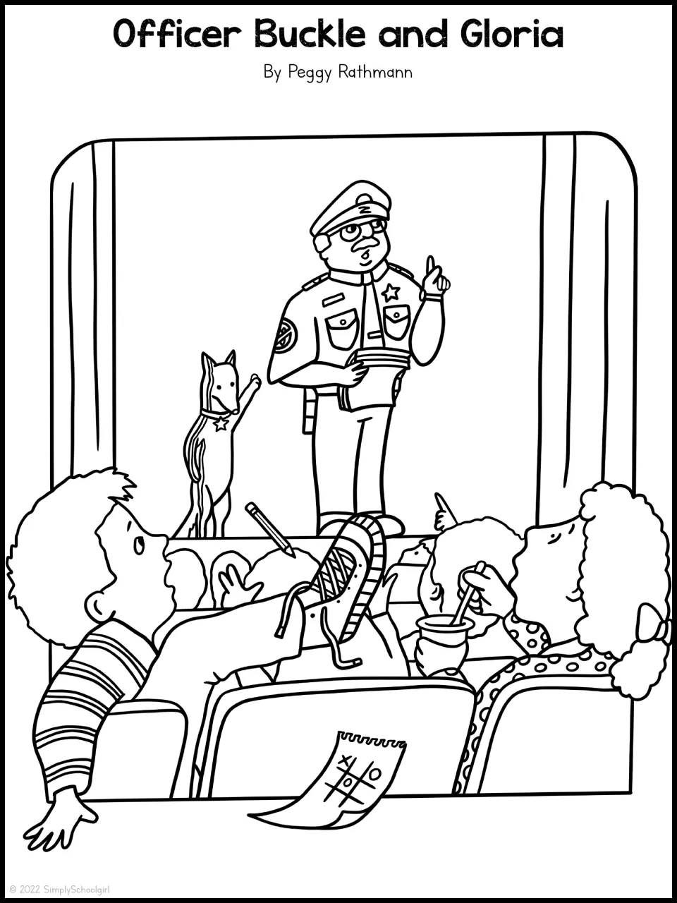 Colouring page: Officer Buckle giving a safety talk on stage with Gloria behind him and a restless audience in front