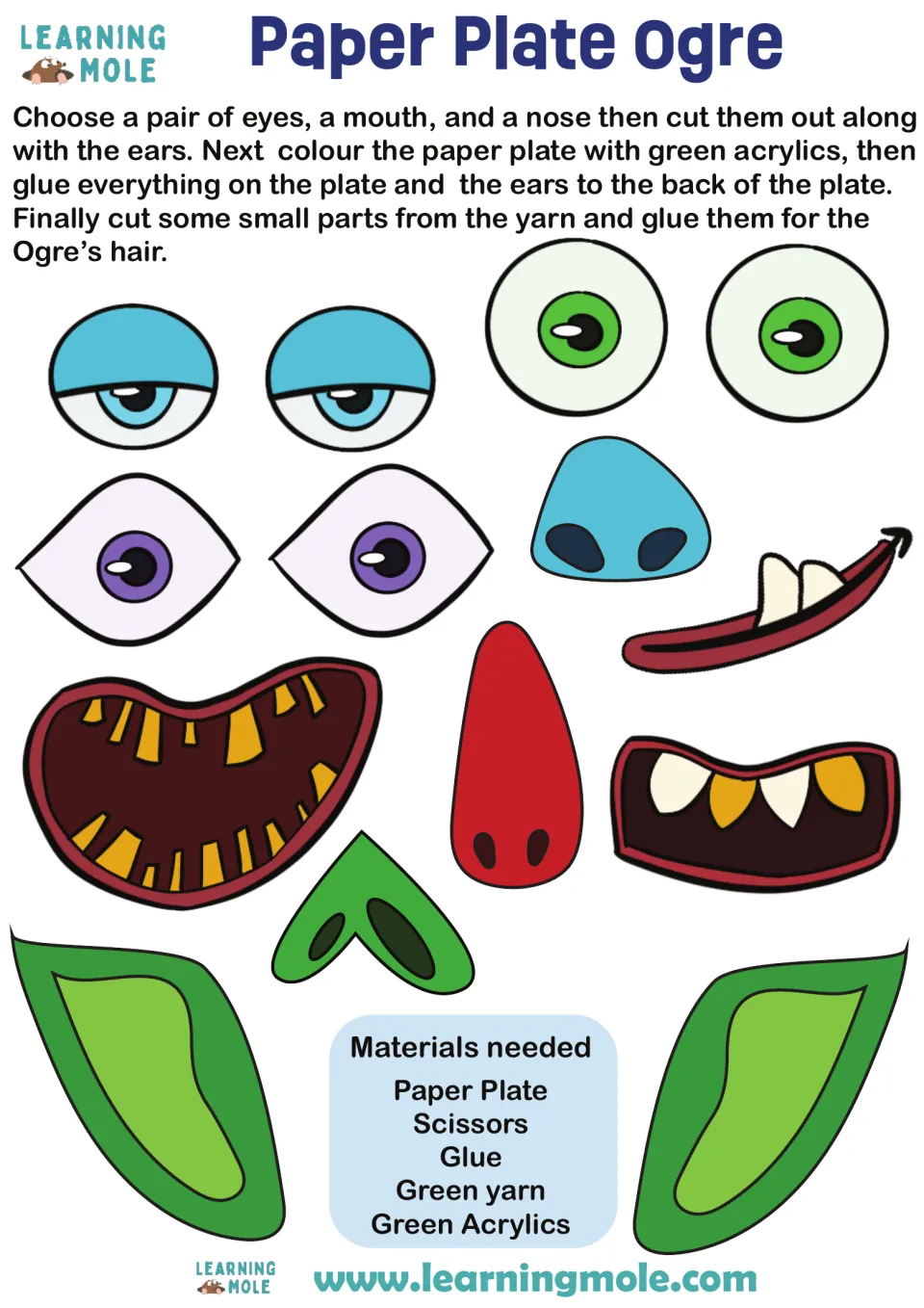 Paper Plate Ogre craft: students cut out eyes, a nose, a mouth and ears, paint a plate green and add yarn hair