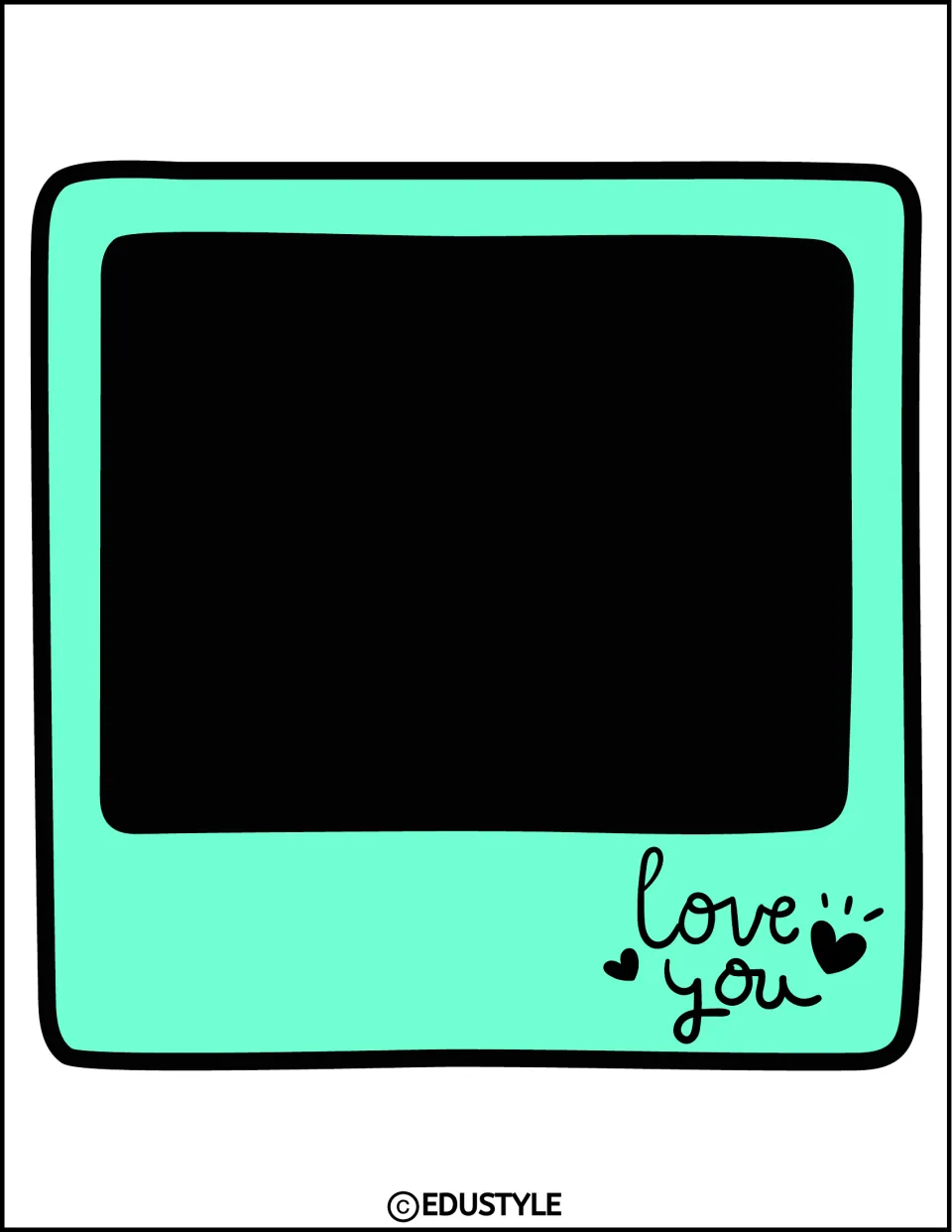 Large mint instant-photo frame with a black photo window and handwritten love you with hearts, to cut out for the display