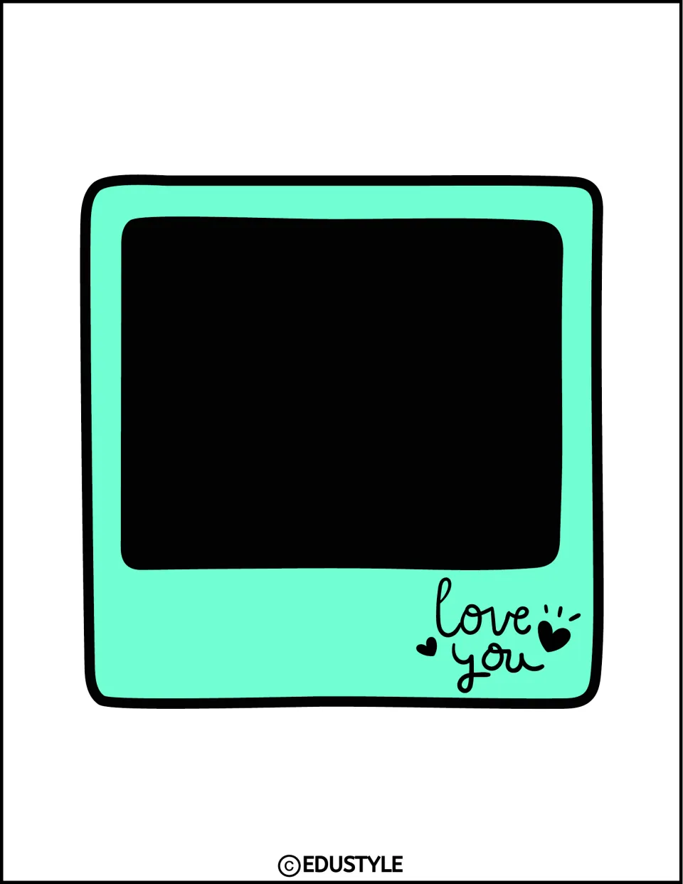 Smaller mint instant-photo frame reading love you with hearts, sized for a student photo or drawing on the memories board