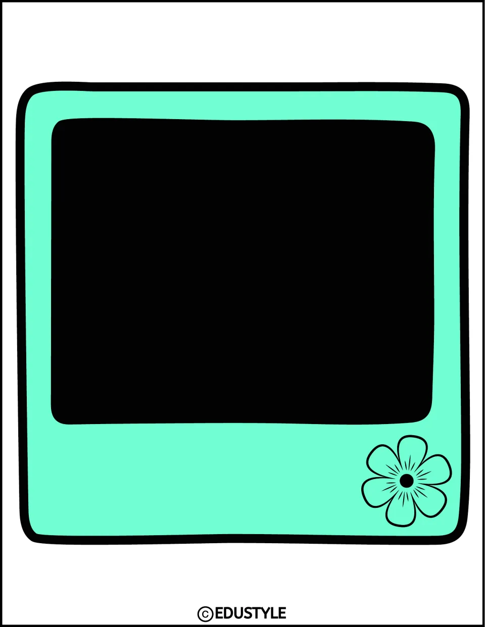 Large mint instant-photo frame with a black photo window and an outlined flower in the corner, a cut-out for summer decor