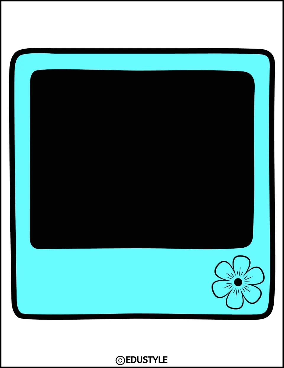 Large light-blue instant-photo frame with a black photo window and an outlined flower, a cut-out for the memories display