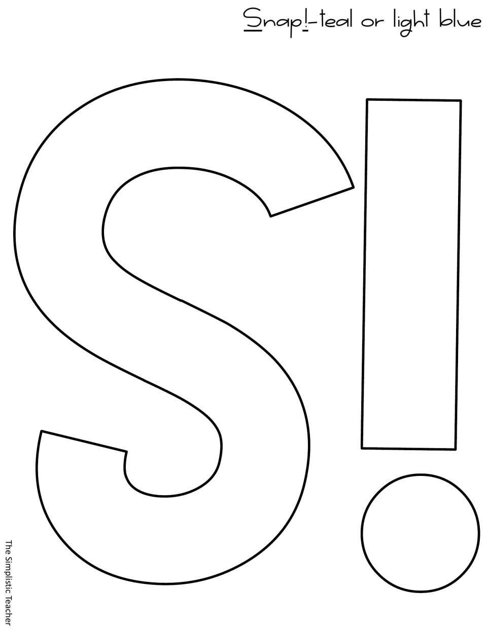 Letter template for Snap!: outlined S and exclamation mark cut-out pieces, labeled teal or light blue
