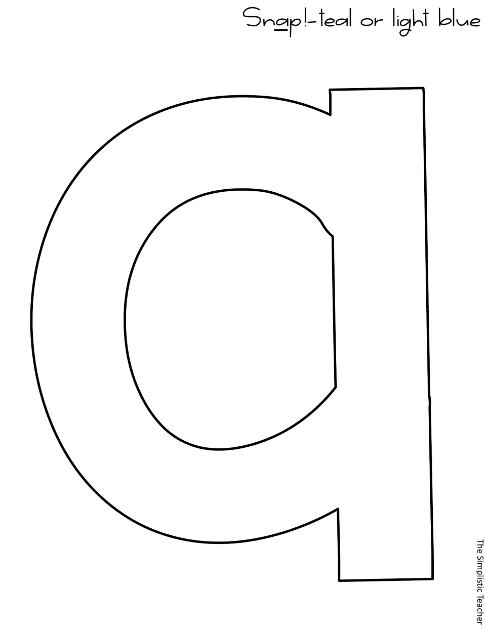Letter template for Snap!: one large outlined lowercase a cut-out piece, labeled teal or light blue