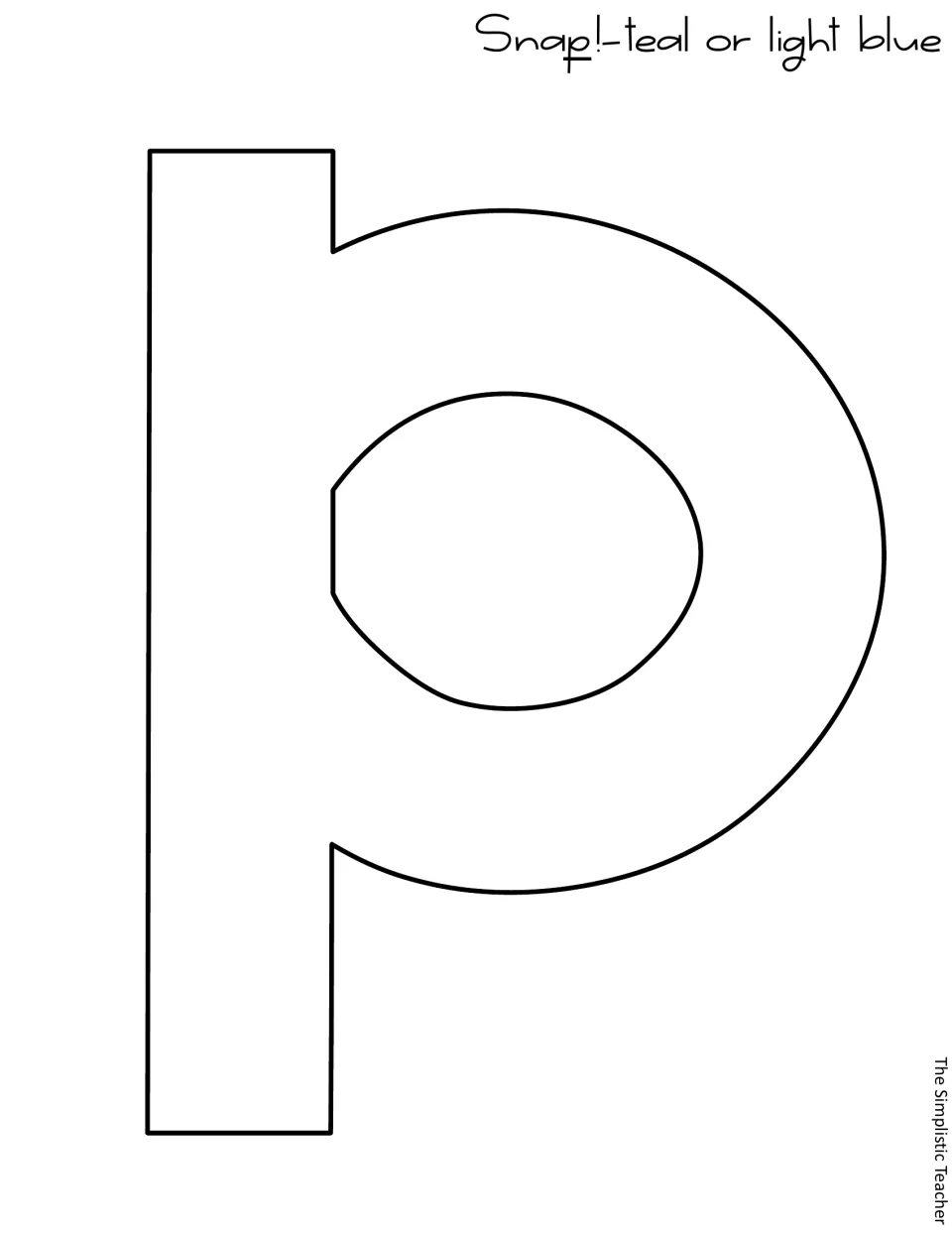 Letter template for Snap!: one large outlined lowercase p cut-out piece, labeled teal or light blue