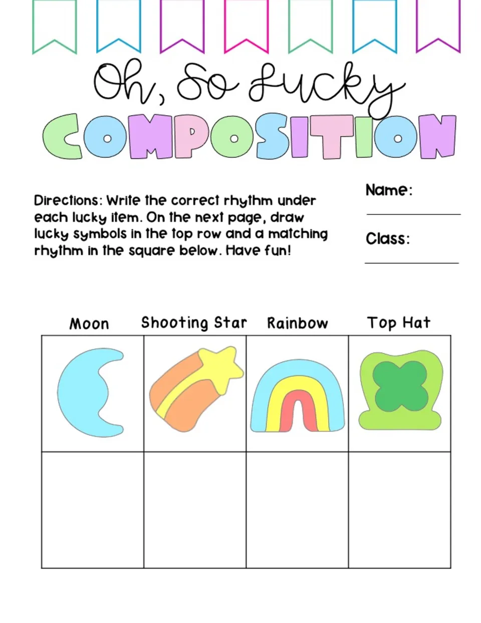 First rhythm practice page: write the correct rhythm for Moon, Shooting Star, Rainbow, and Top Hat.