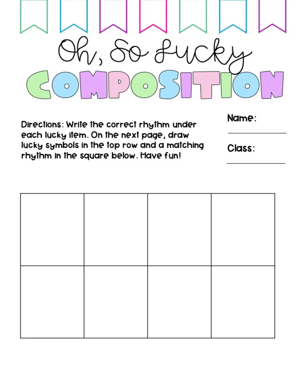 Composition page: draw four lucky symbols and write a matching rhythm beneath each symbol.