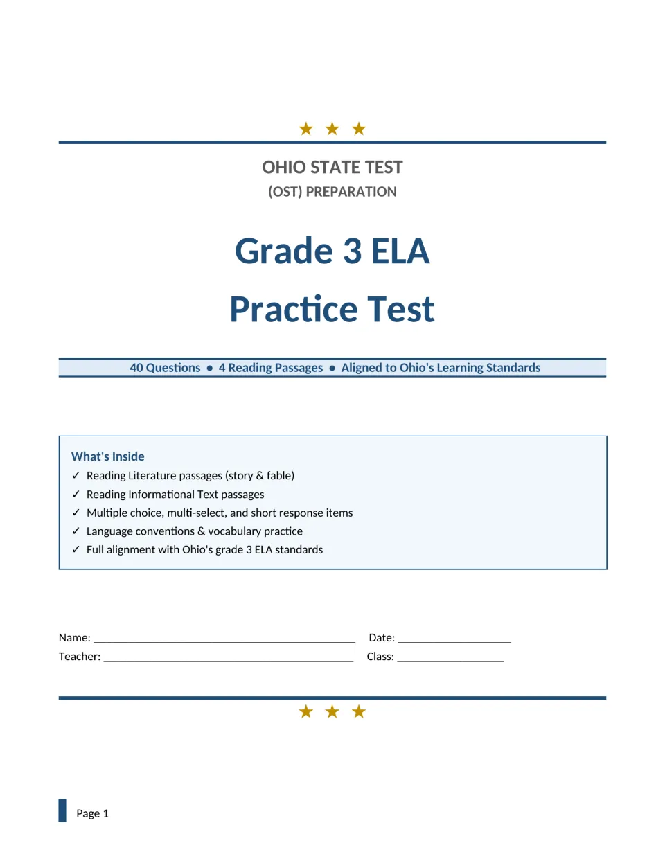 OST preparation title page: 40 questions over 4 reading passages, a What's Inside list, and name, date and class fields