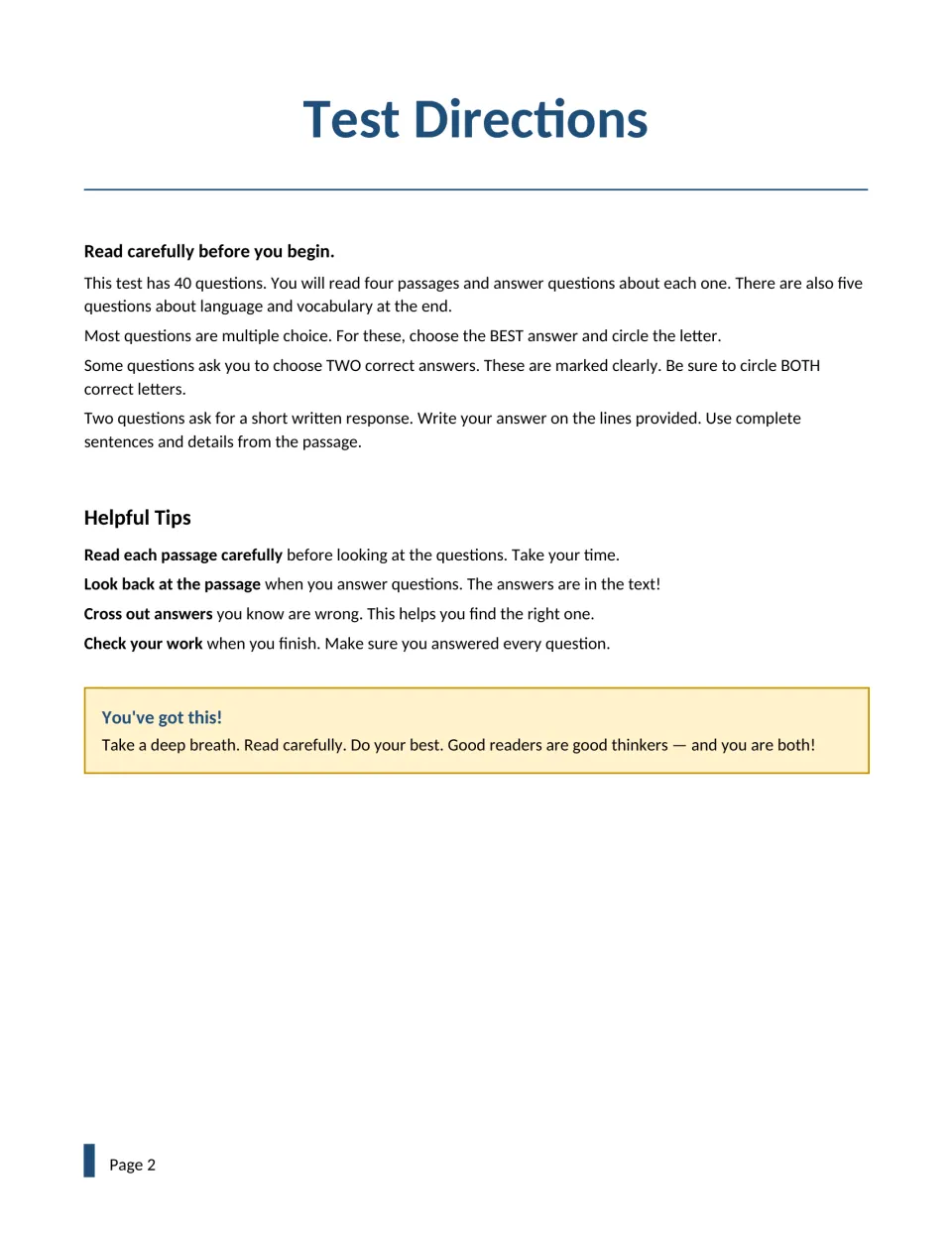 Test directions for multiple choice, choose-two and short response items, plus tips like looking back at the passage