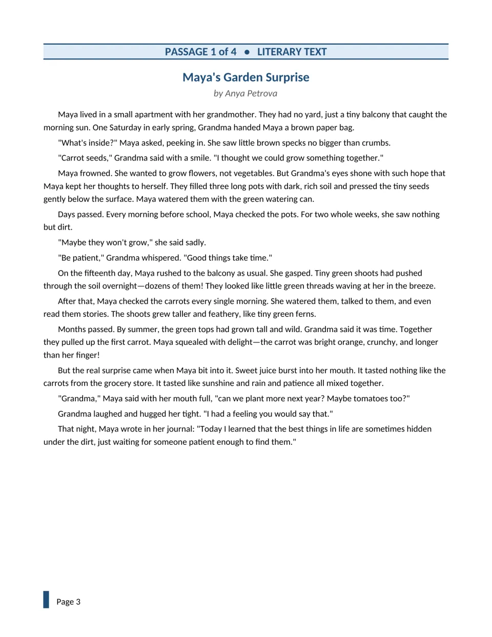 Passage 1, Maya's Garden Surprise: a literary story about Maya and her grandmother growing carrots on a balcony