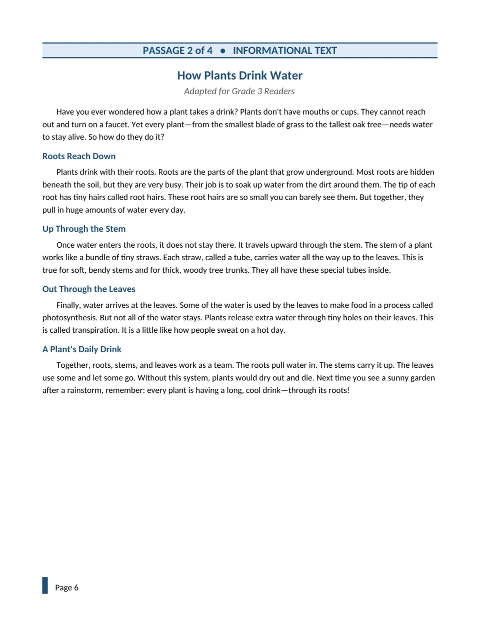 Passage 2, How Plants Drink Water: informational article with headings on roots, stems, leaves and transpiration