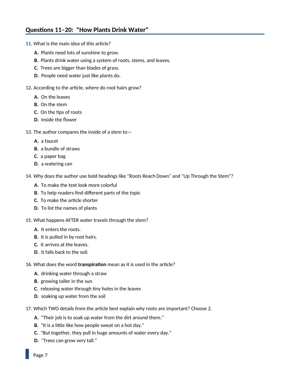 Questions 11-17 on How Plants Drink Water: main idea, key details, comparison, text features, sequence and transpiration