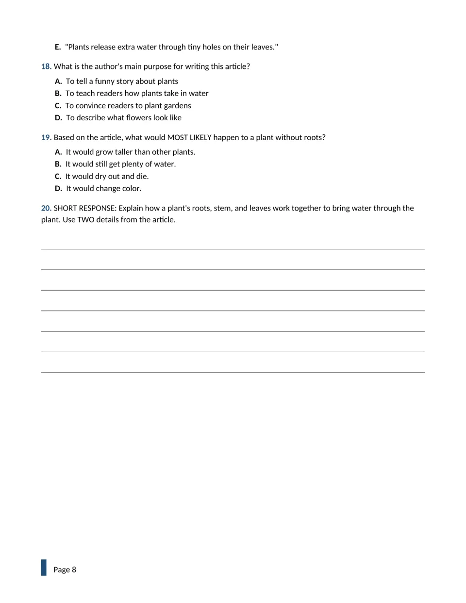 Plant article questions 18-20: author's purpose, predicting a plant without roots, and a short response on how water moves