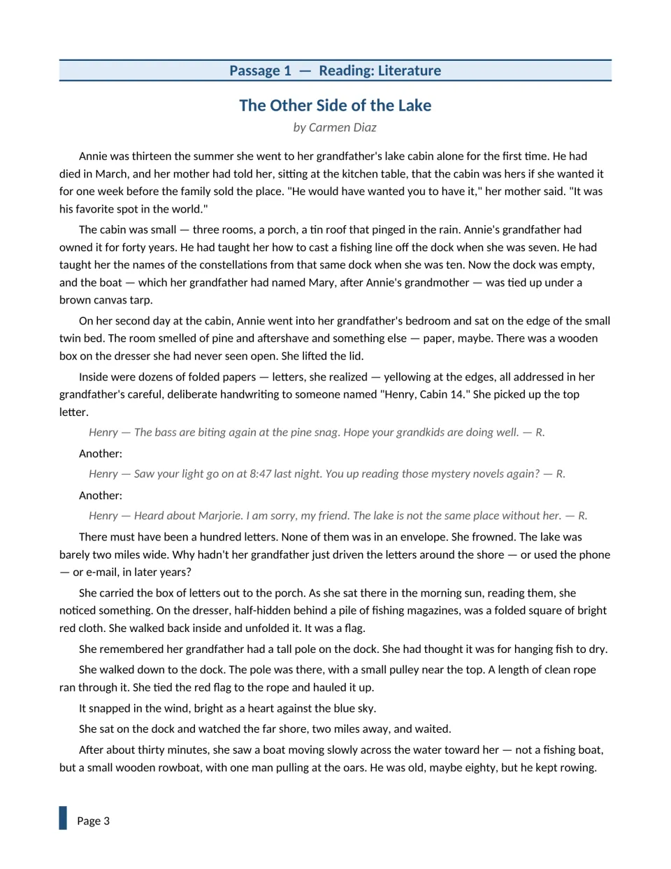 Passage 1, The Other Side of the Lake by Carmen Diaz: Annie finds her late grandfather's letters to Henry and a red flag