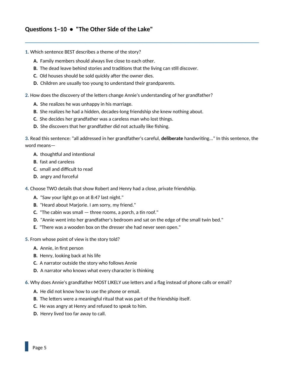 Questions 1-6 on The Other Side of the Lake: students answer items on theme, word meaning, point of view and character