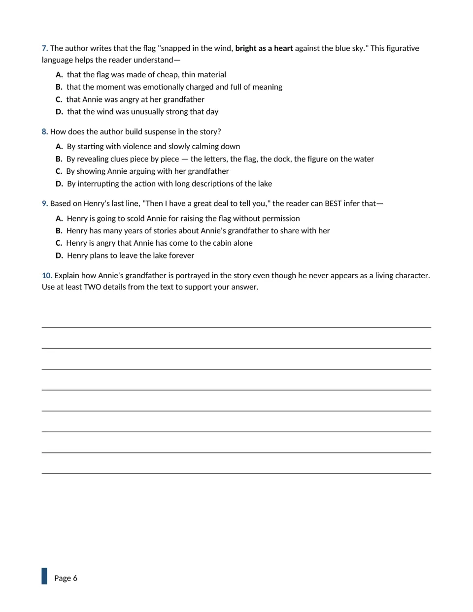 Questions 7-10 on the lake story: figurative language, suspense, inference, and a written response on the grandfather