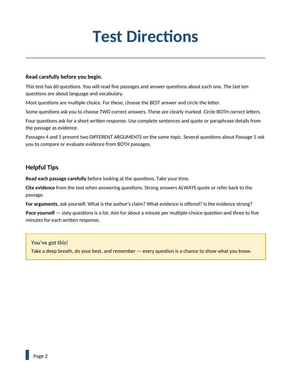 Test directions: how to answer multiple choice, choose-TWO and written-response items, tips on citing evidence and pacing