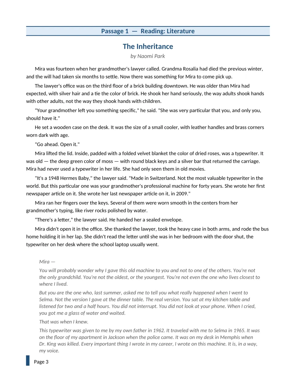 Passage 1, 'The Inheritance' by Naomi Park: Mira receives her late grandmother's typewriter and a letter about Selma