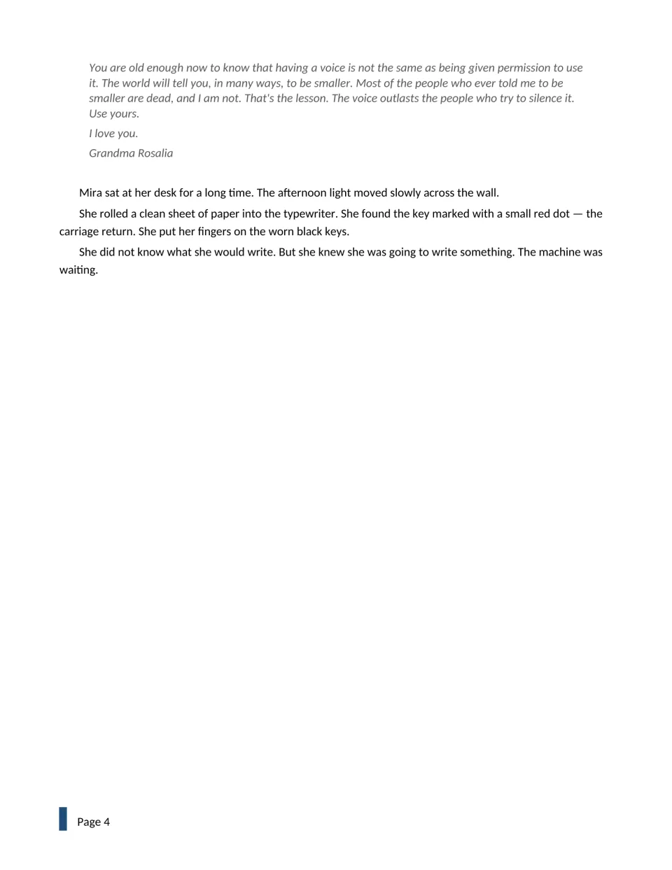 End of 'The Inheritance': Grandma Rosalia's letter urges Mira to use her voice, and Mira rolls paper into the typewriter