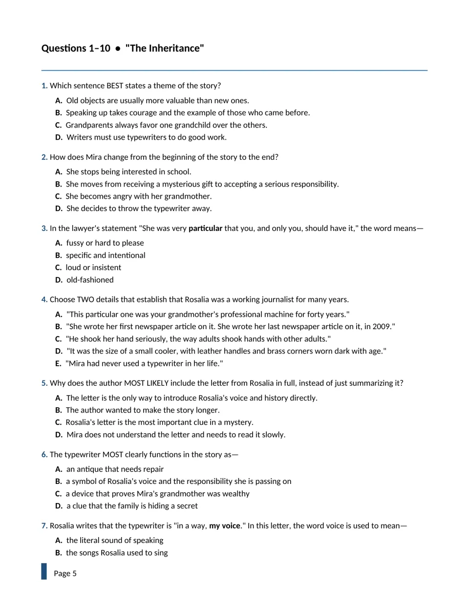 Questions 1-7 on 'The Inheritance': theme, character change, meaning of 'particular', choose-two evidence and symbolism