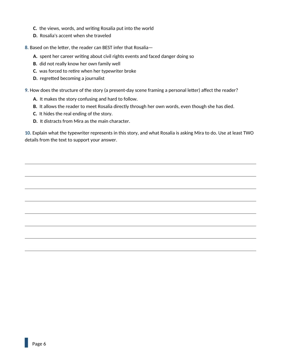 Story questions 7-10: meaning of 'voice', inferring Rosalia's career, effect of letter structure and a written response