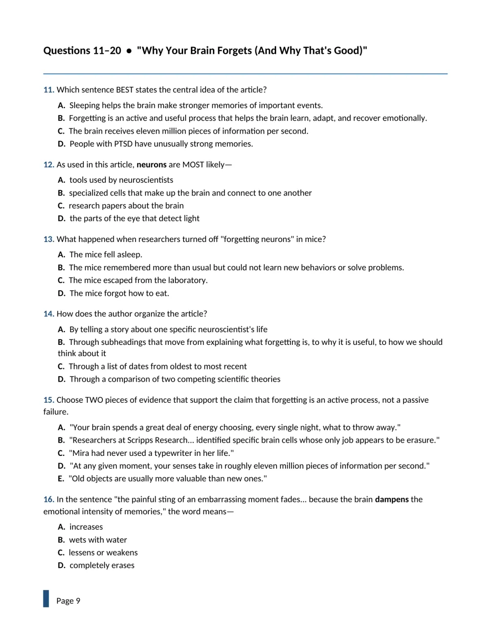 Questions 11-16 on brain article: central idea, meaning of 'neurons' and 'dampens', structure and choose-two evidence