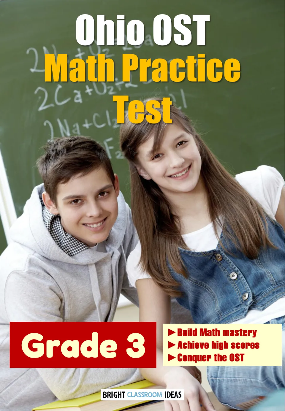 Cover: Ohio OST Math Practice Test, Grade 3, shown with two smiling students in front of a chalkboard of equations
