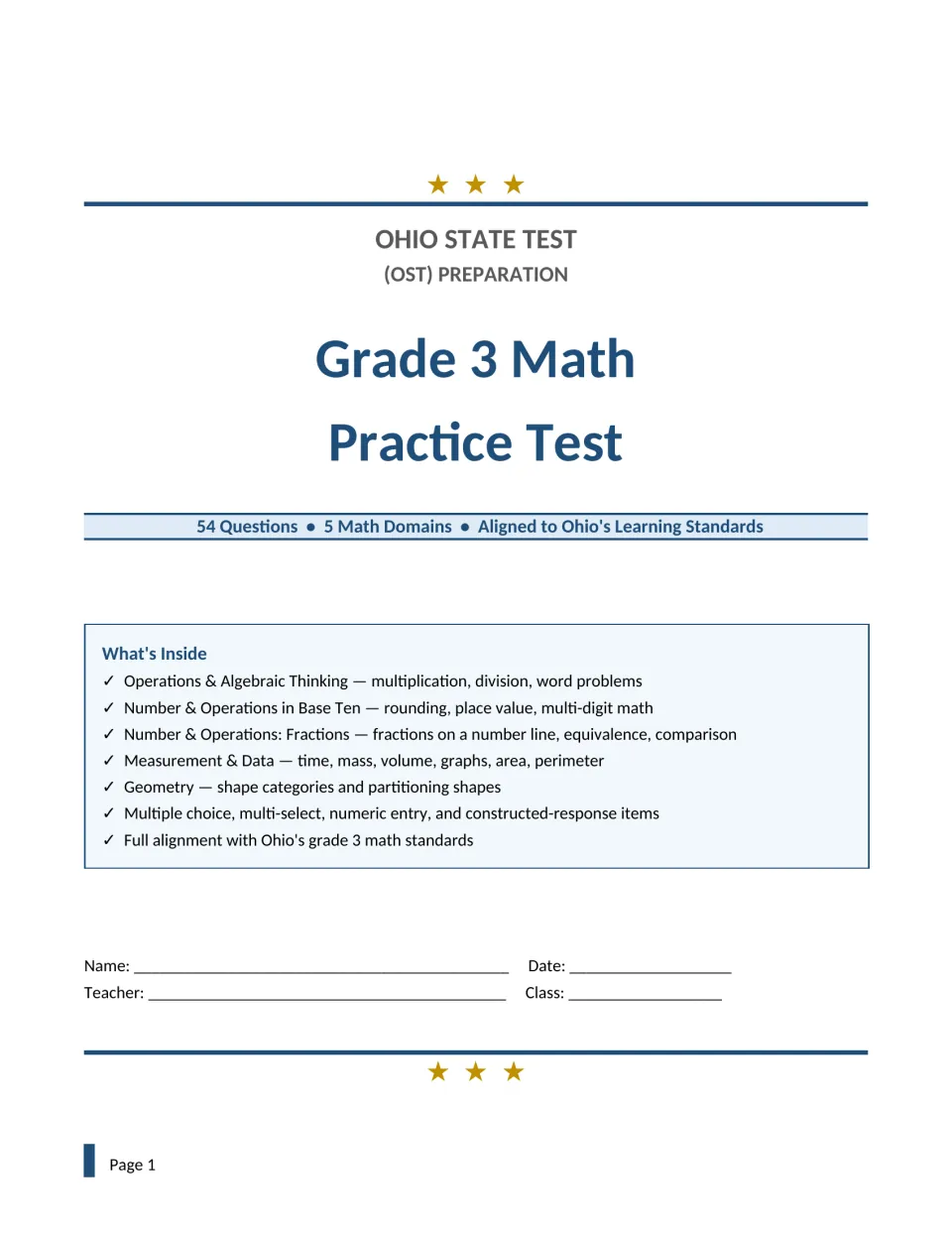Grade 3 math title page: 54 questions in 5 domains, a What's Inside list, and name, teacher, date and class fields