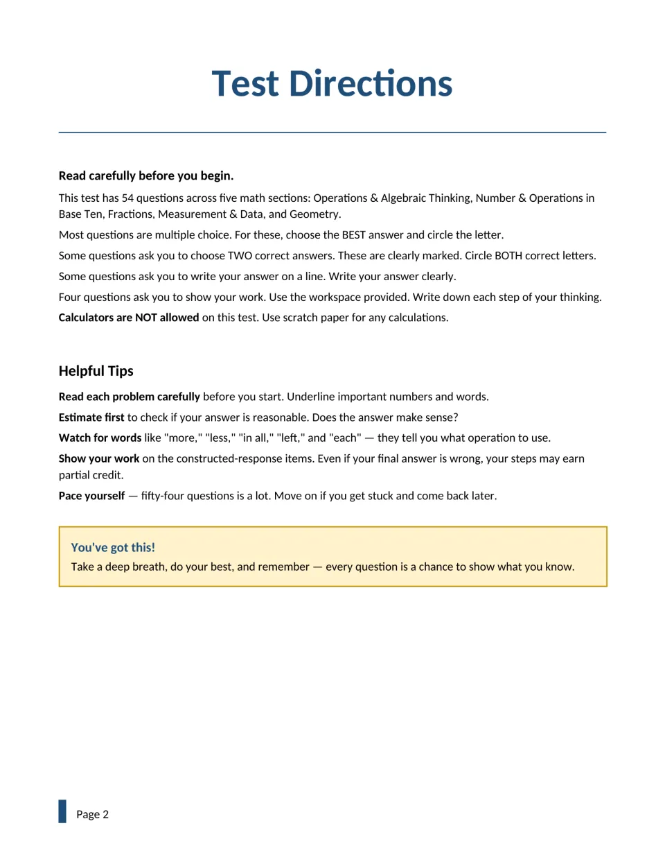 Test directions: how to answer multiple choice, choose-TWO and show-your-work items, no calculators, plus helpful tips