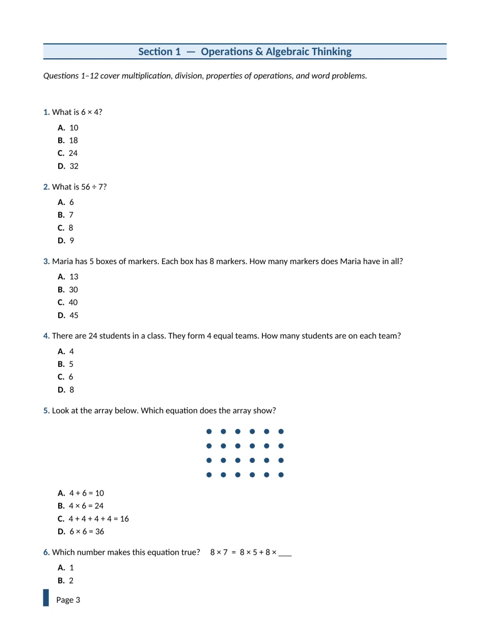 Operations and algebraic thinking, questions 1-6: multiplication, division, word problems and a 4 by 6 array equation
