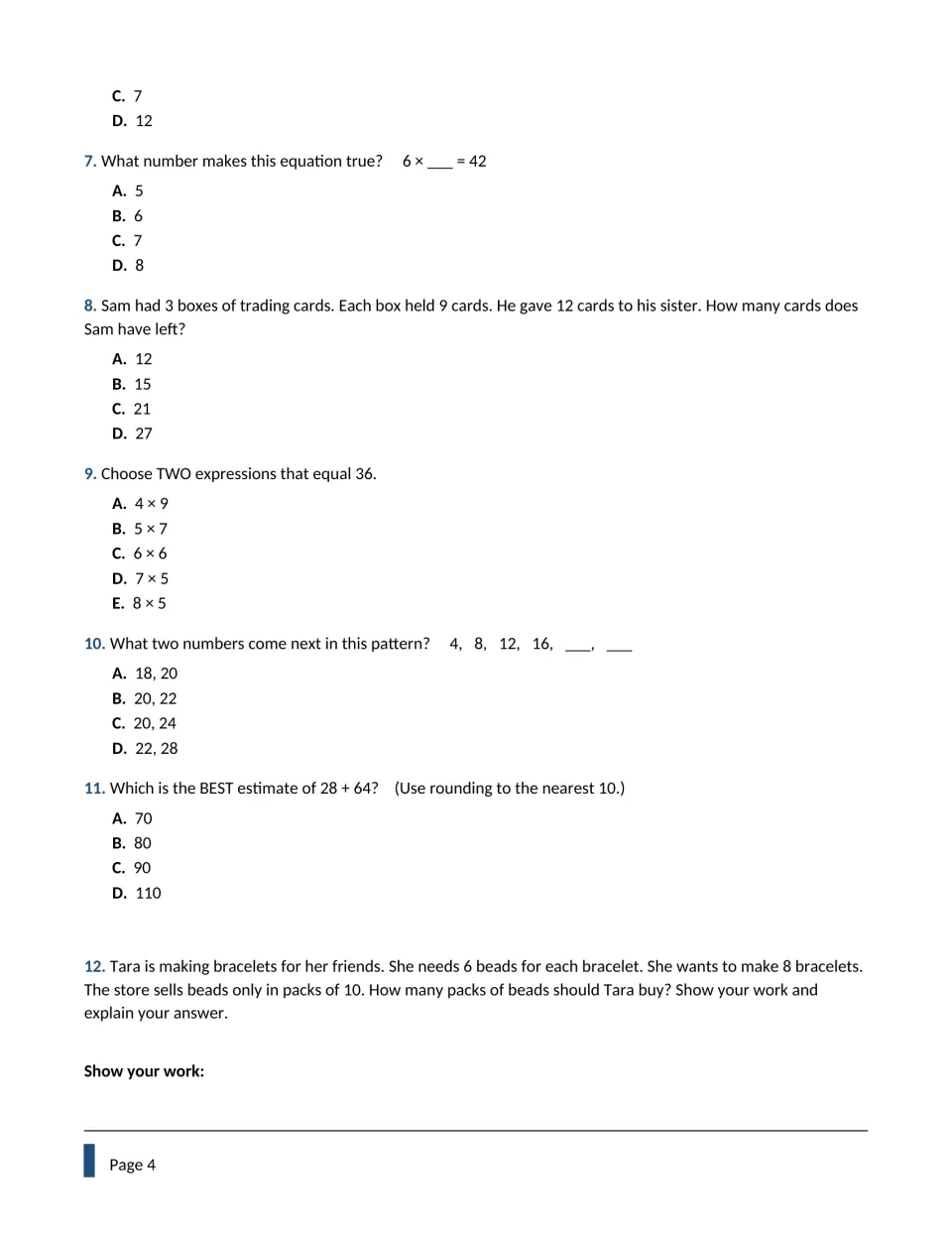Questions 7-12: missing factors, a two-step card problem, number patterns, rounding estimates and a bead-pack word problem