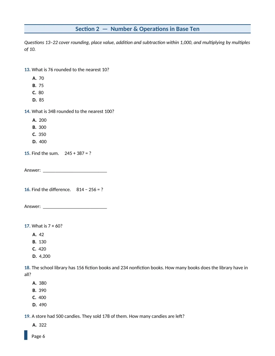 Base ten section, questions 13-19: rounding to the nearest 10 and 100, adding and subtracting within 1,000, and 7 x 60