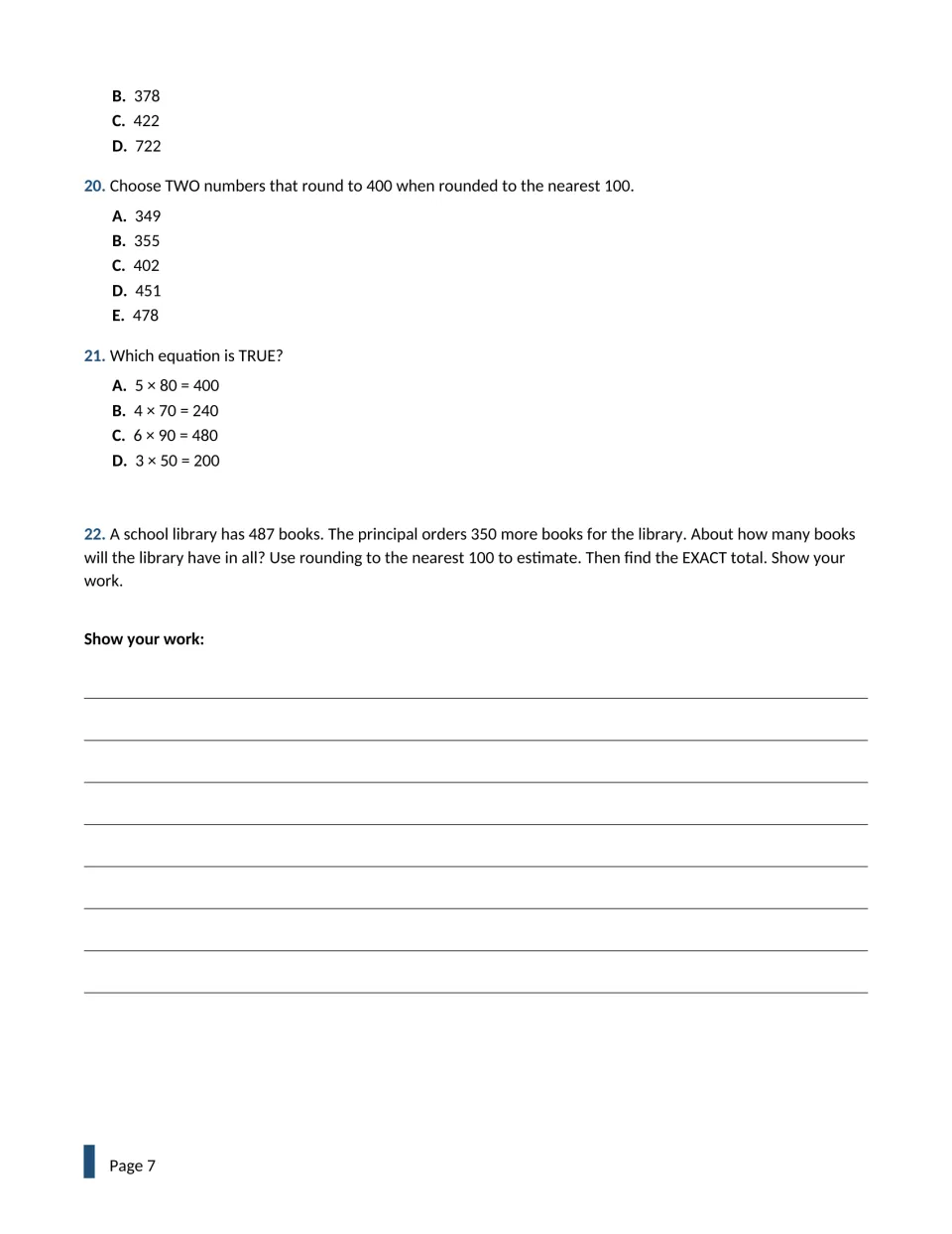 Questions 20-22: picking two numbers that round to 400, true multiplication equations and a library book estimate