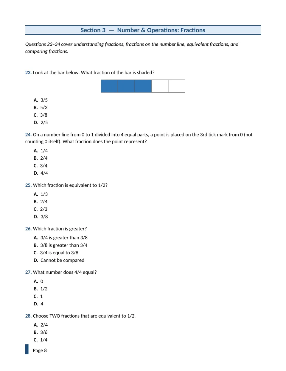 Fractions section, questions 23-28: shaded bar fraction, number line point, equivalent fractions and comparing 3/4 and 3/8