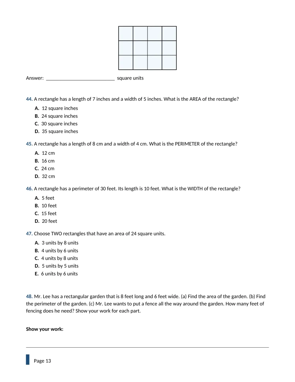 Area and perimeter, questions 44-48: rectangle area, perimeter, missing width and a garden fencing problem with work shown