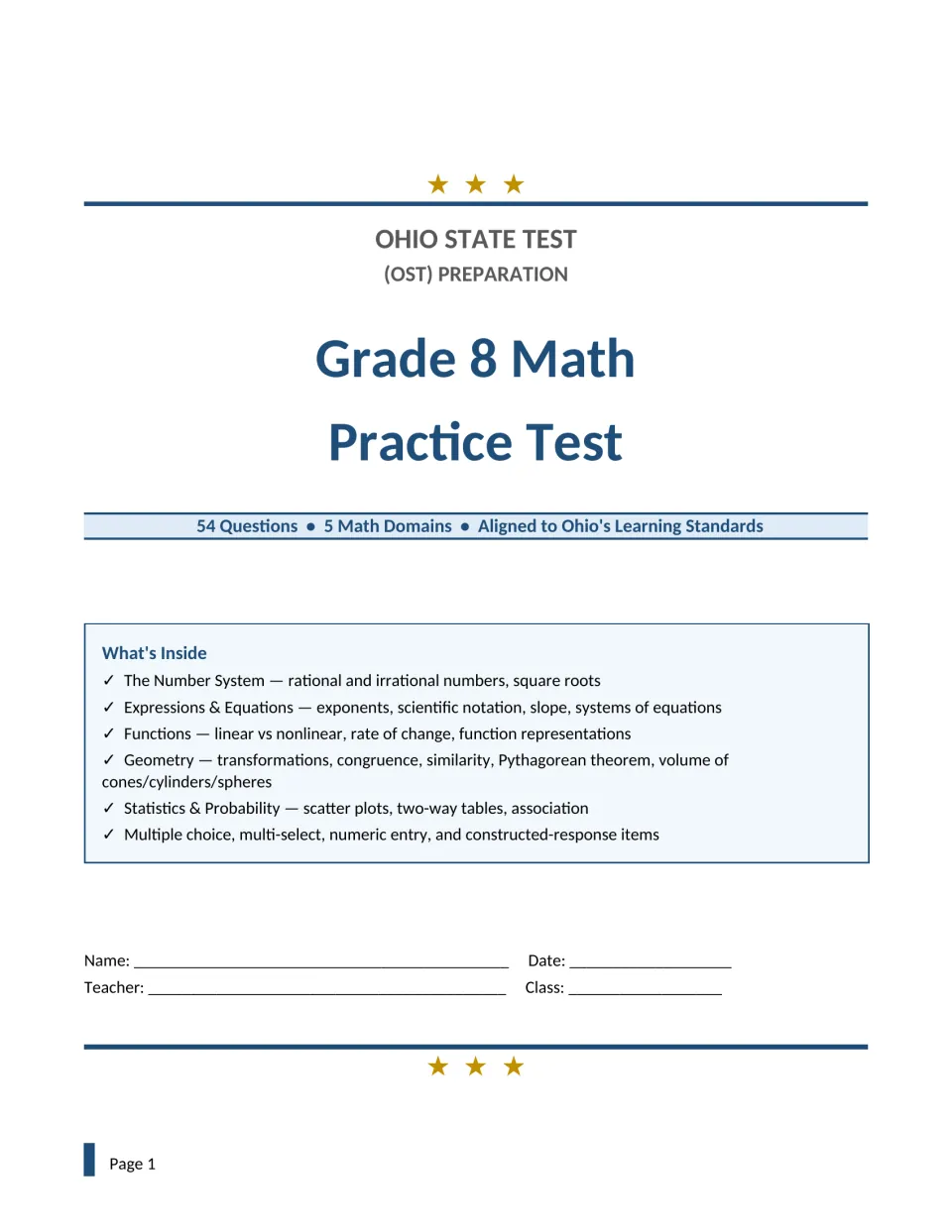 Title page listing 54 questions across five math domains, from the number system to statistics, with name and class lines