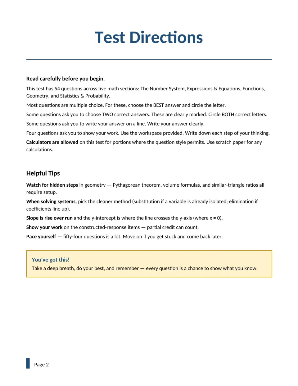 Test directions: how to answer multiple-choice, choose-two and show-your-work items, plus tips on slope, systems and pacing