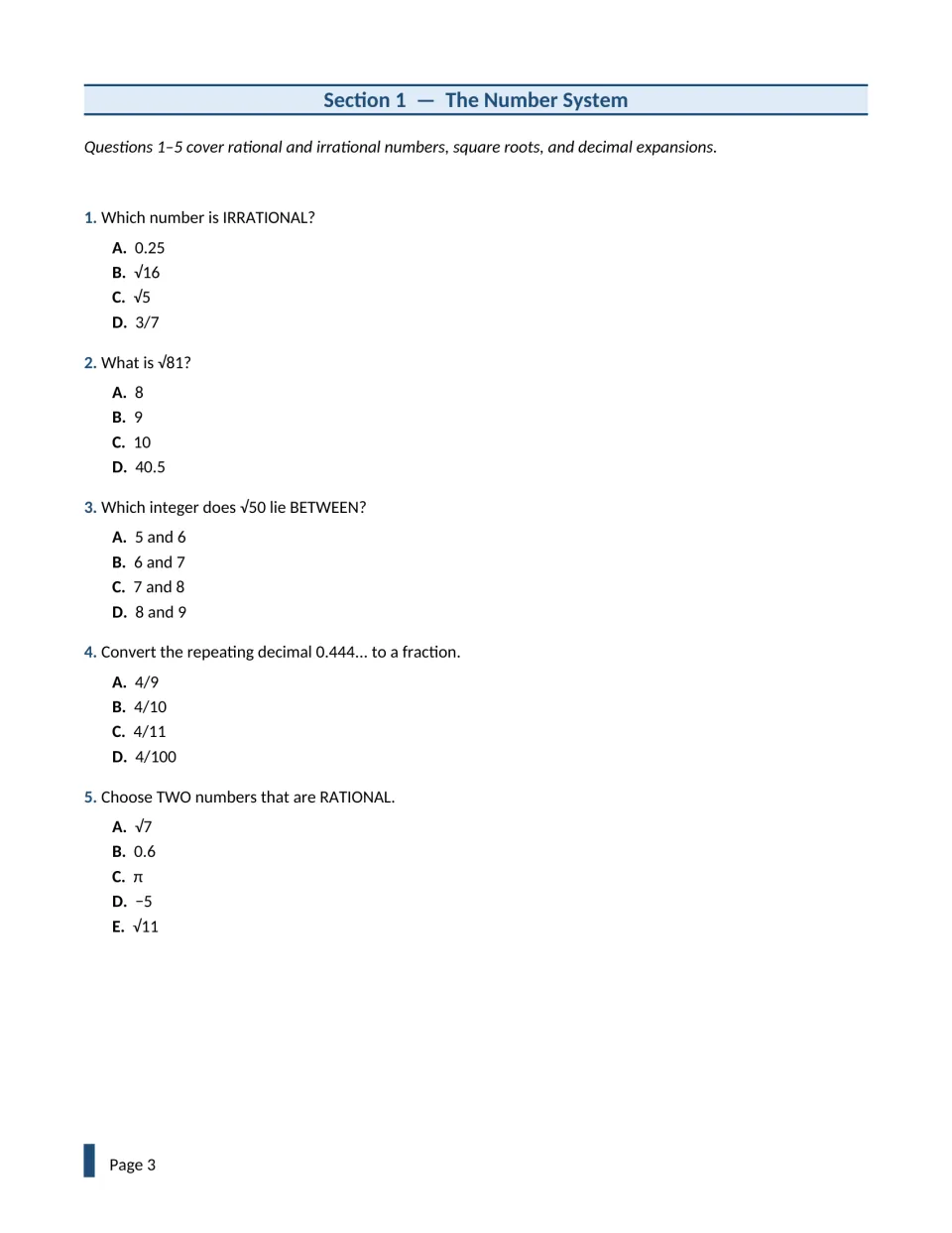 Number system questions 1-5: students sort rational and irrational numbers, estimate √50 and convert 0.444... to a fraction