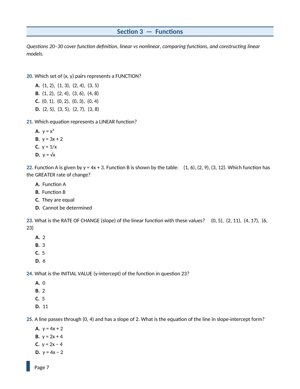 Functions questions 20-25: students spot a function among ordered pairs, compare rates of change, find slope and intercept