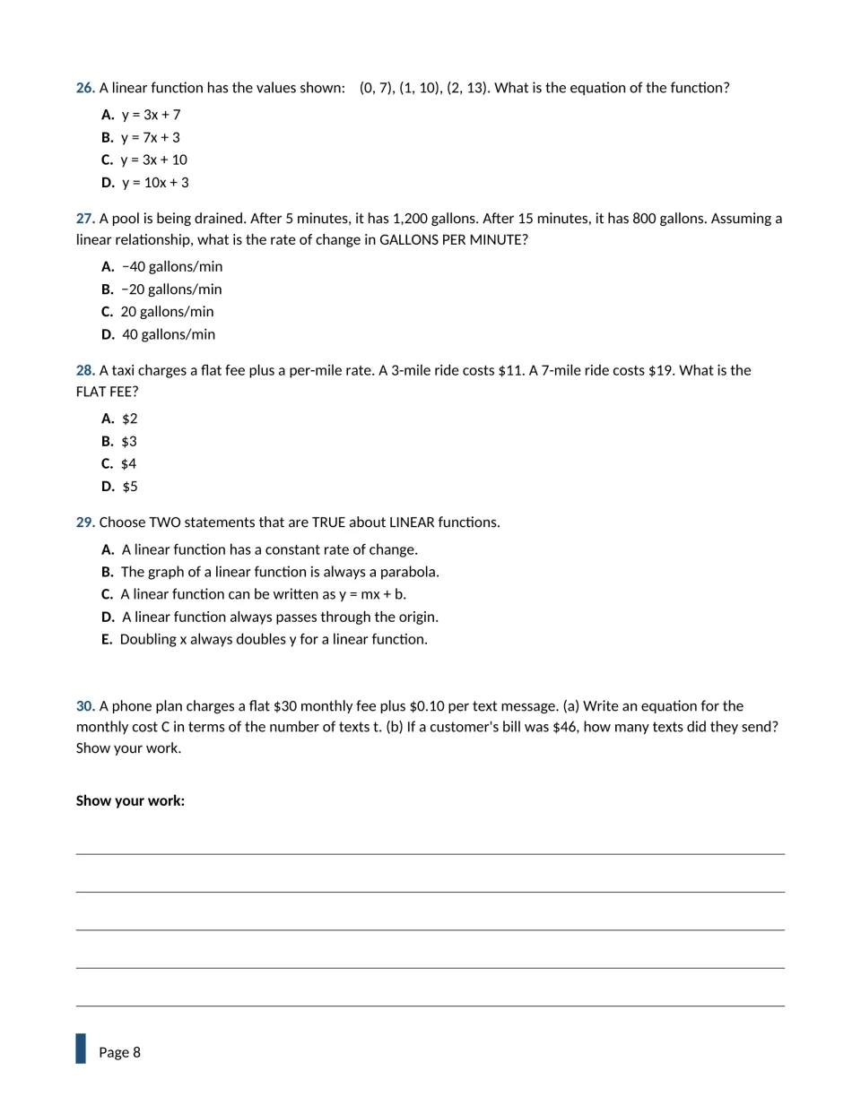 Linear models questions 26-30: students write equations from ordered pairs, find a draining pool's rate and a taxi flat fee