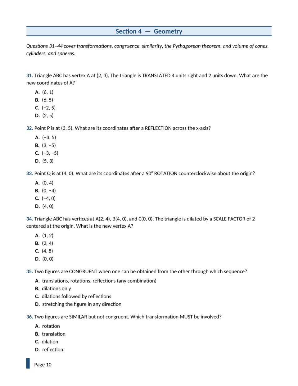 Transformations questions 31-36: students find new coordinates after a translation, reflection, rotation and dilation