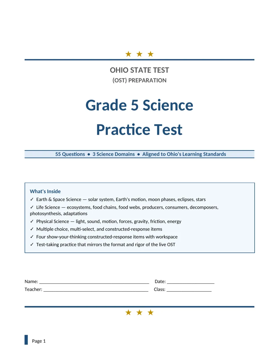 Grade 5 science test title page listing 55 questions across Earth and space, life and physical science, with name lines