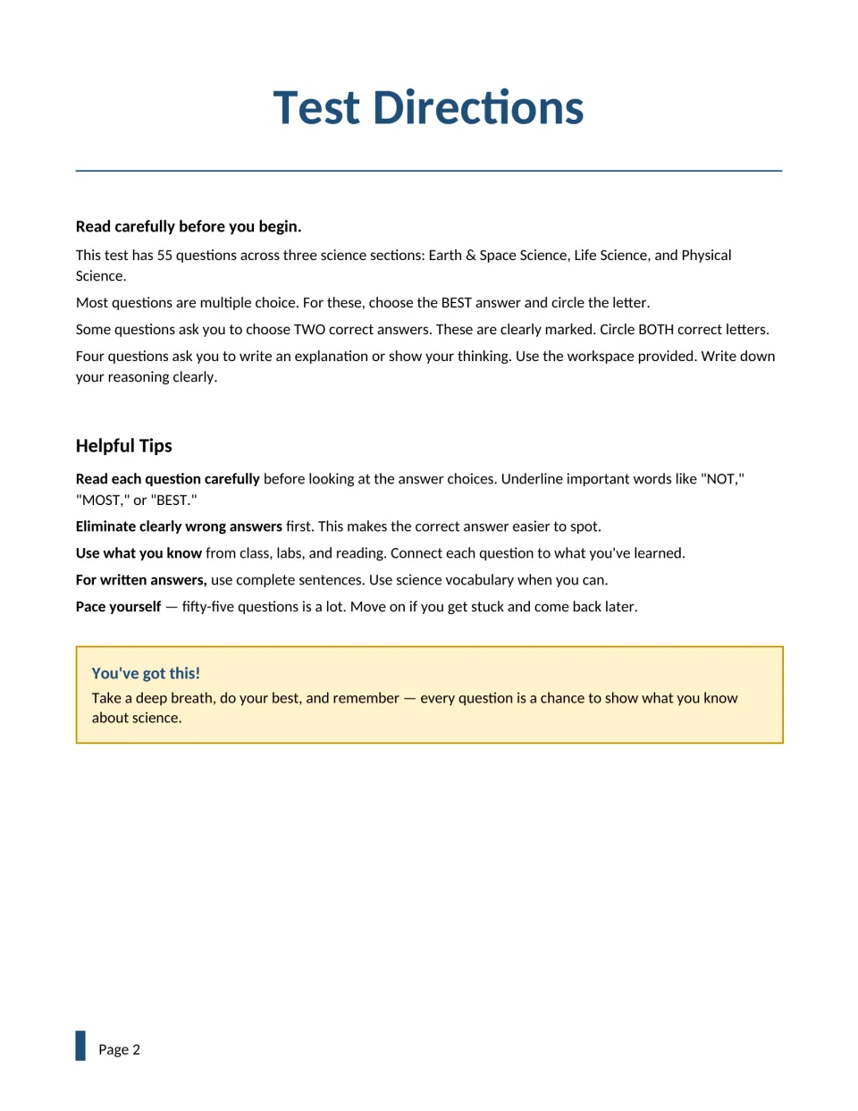 Test directions for multiple-choice, choose-two and written items, plus tips like eliminating wrong answers