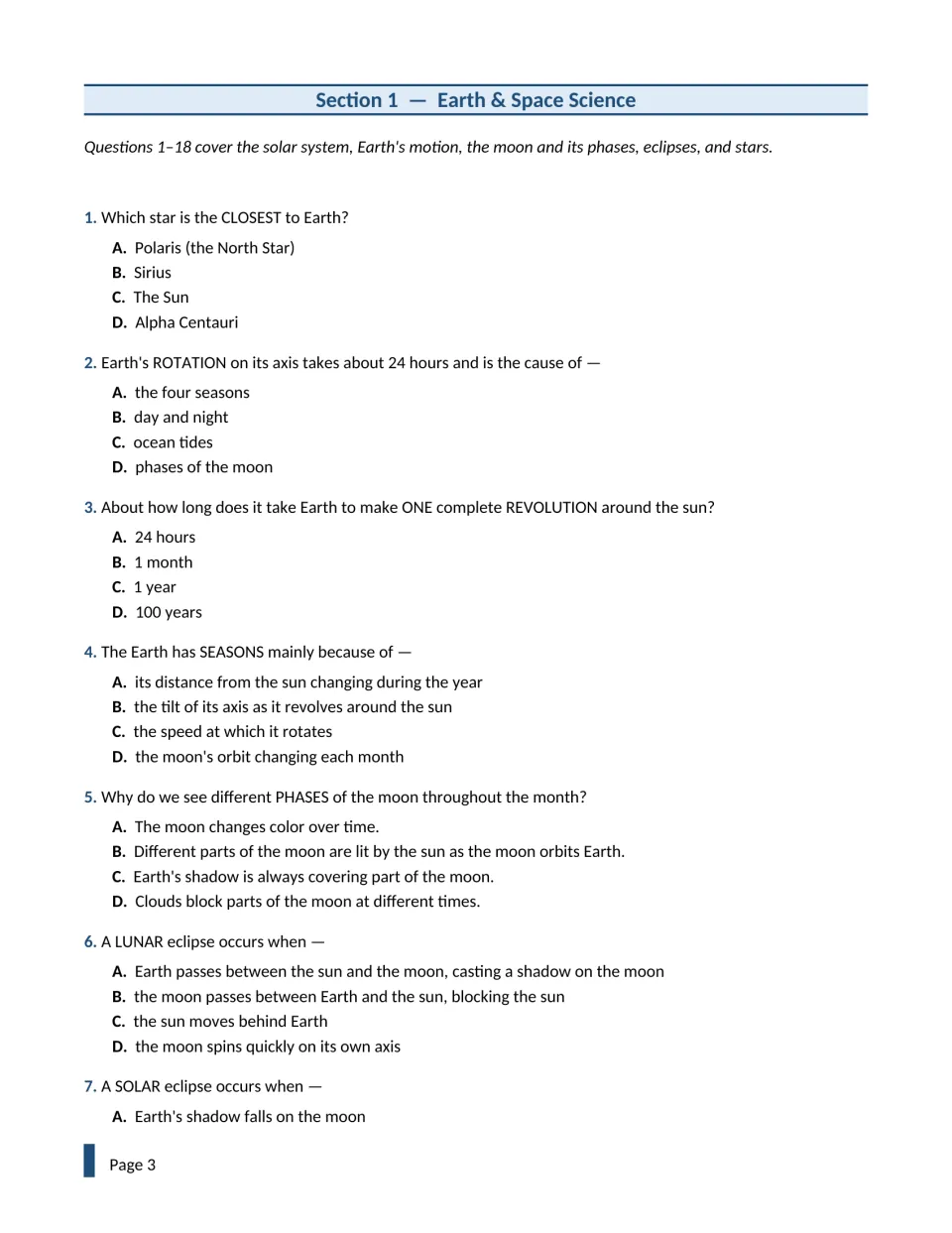 Earth and space science questions 1-7: multiple choice on the closest star, rotation, revolution, seasons and eclipses