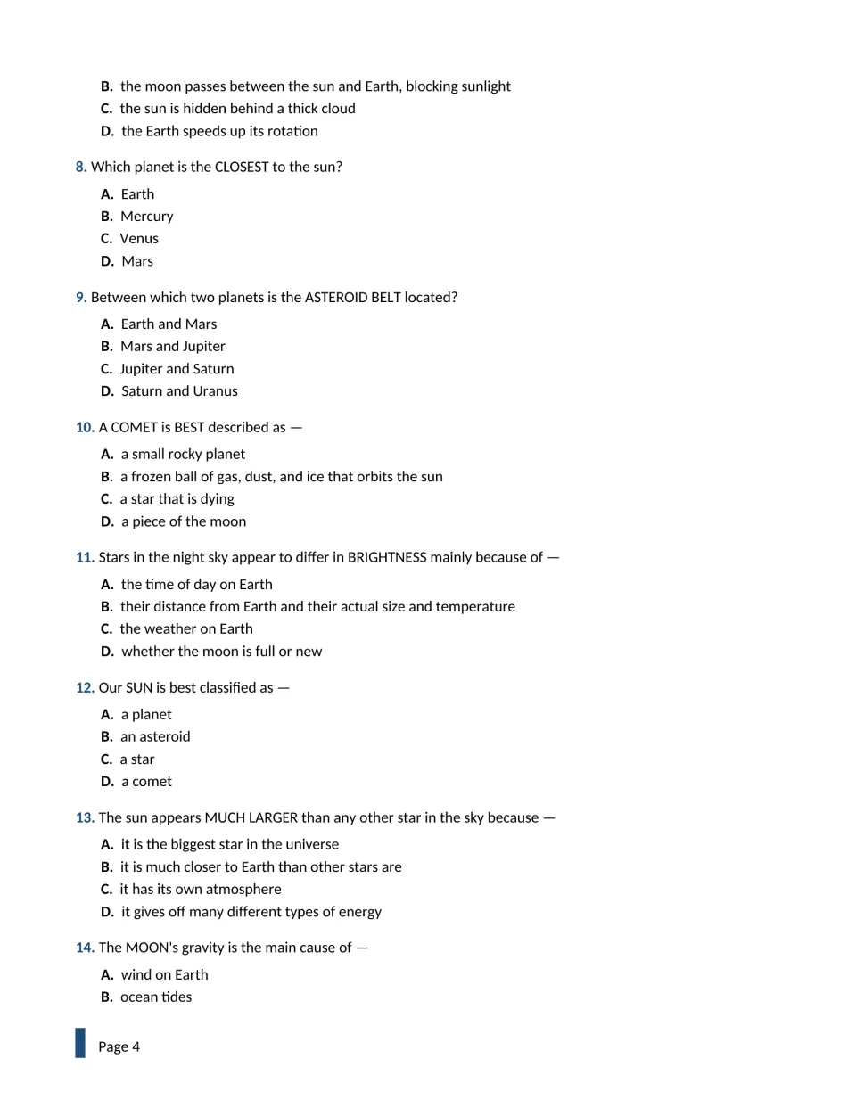 Solar system multiple choice, questions 8-14: closest planet, asteroid belt, comets, star brightness, the sun and tides