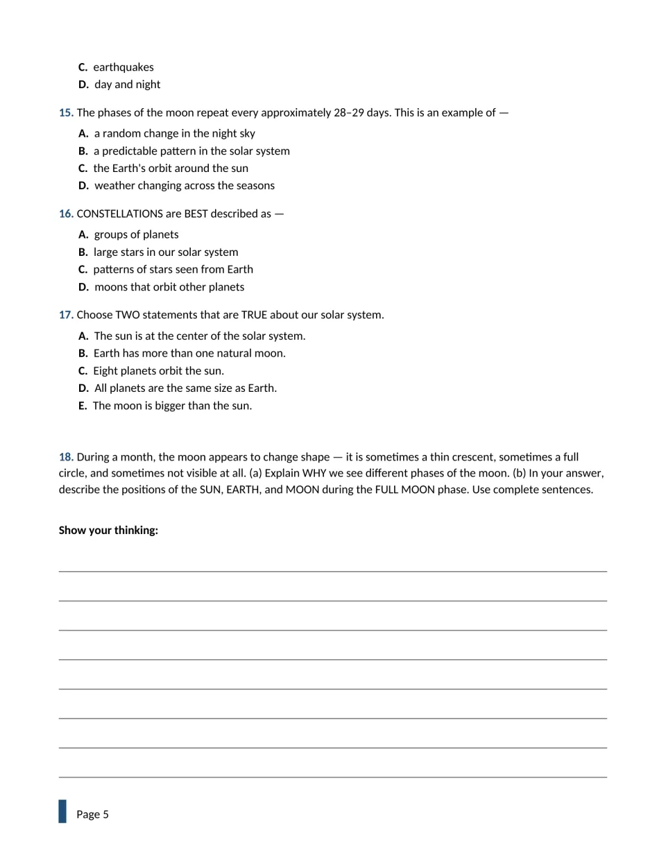 Moon phase patterns and constellations, questions 15-18, ending with a written response on why the moon's phases change