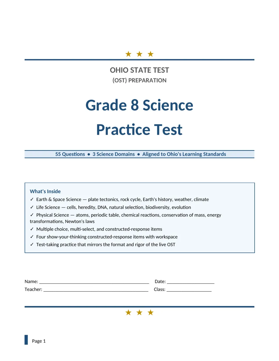 OST preparation title page: 55 questions in 3 science domains, a What's Inside list of topics, and name and class fields