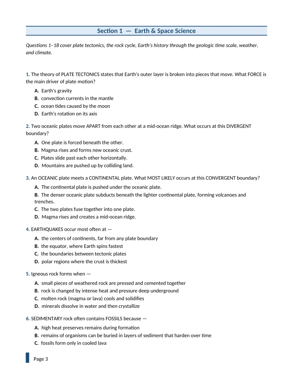 Earth and space science questions 1 to 6: plate tectonics, divergent and convergent boundaries, earthquakes, igneous rock